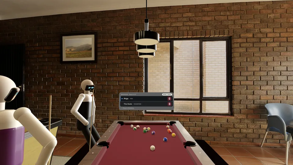 Two AI players at a table in a brick billiard hall