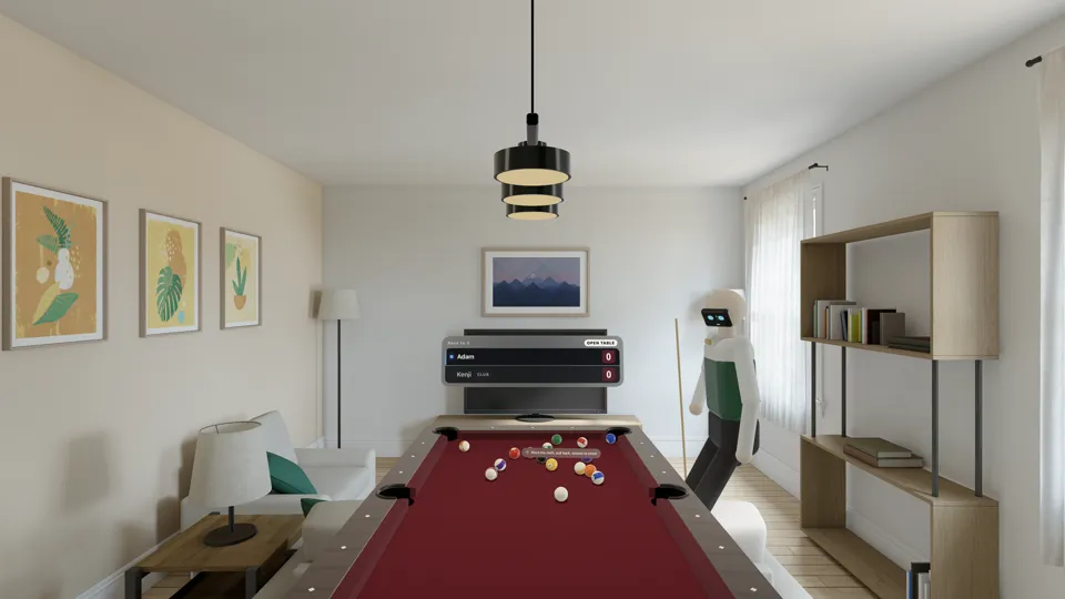 An 8-ball match against Kenji in a living room, the score bug above the far rail