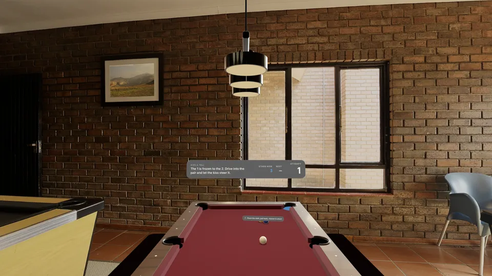 A trick shot set up in the billiard hall, with the challenge card above the table