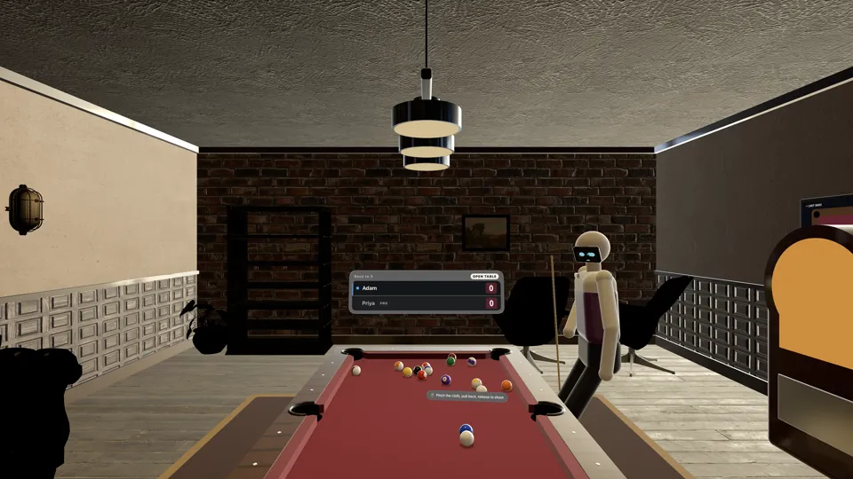 A match against Priya in the Lounge, a dark club room